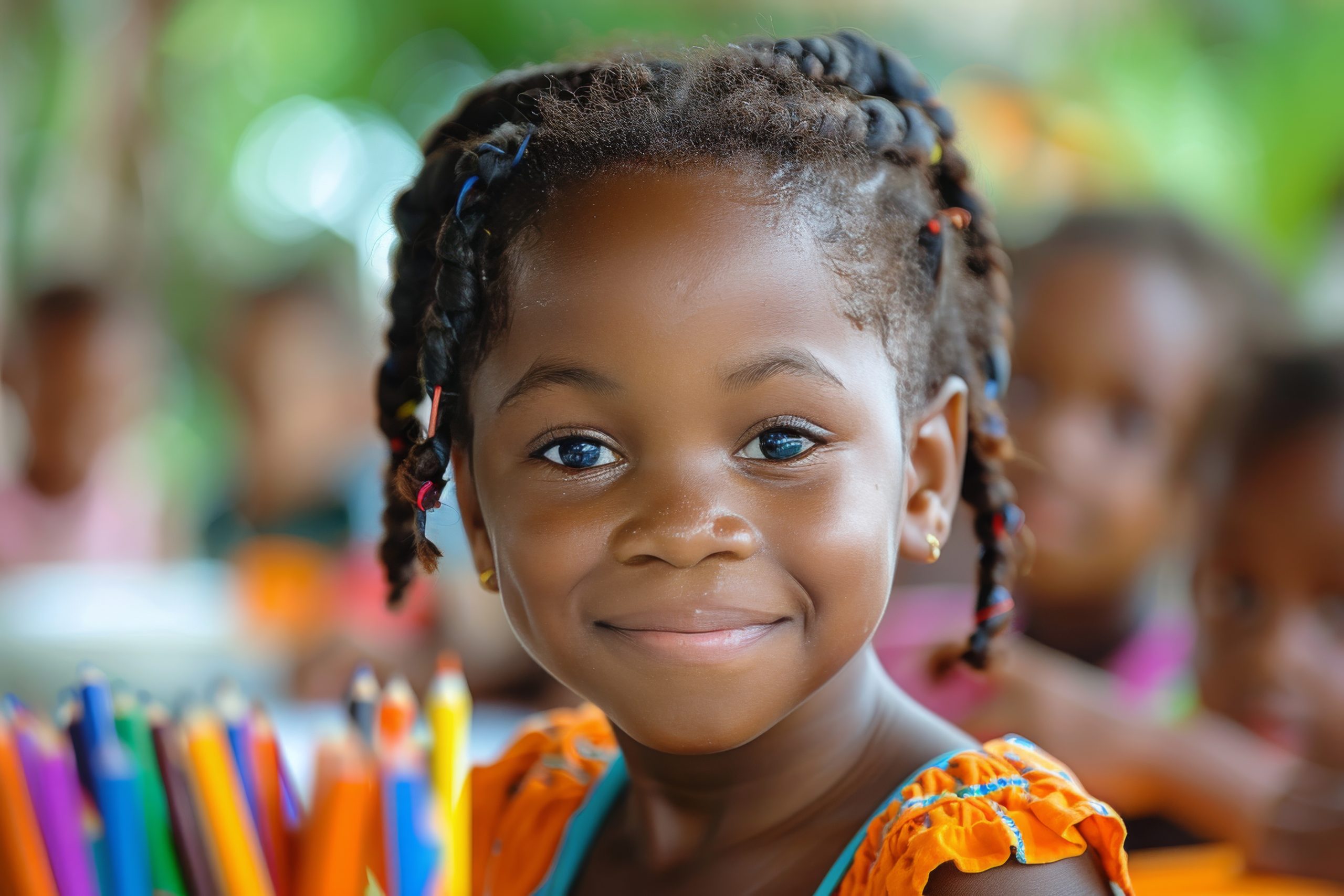 A young girl with curly brown hair and a purple bow smiles at the camera while sitting at a table during an outdoor event.